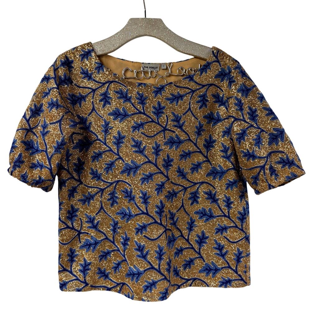 The Odells Bianca Top Gold Sequin Floral Top Small Sparkly Boxy Hi Low